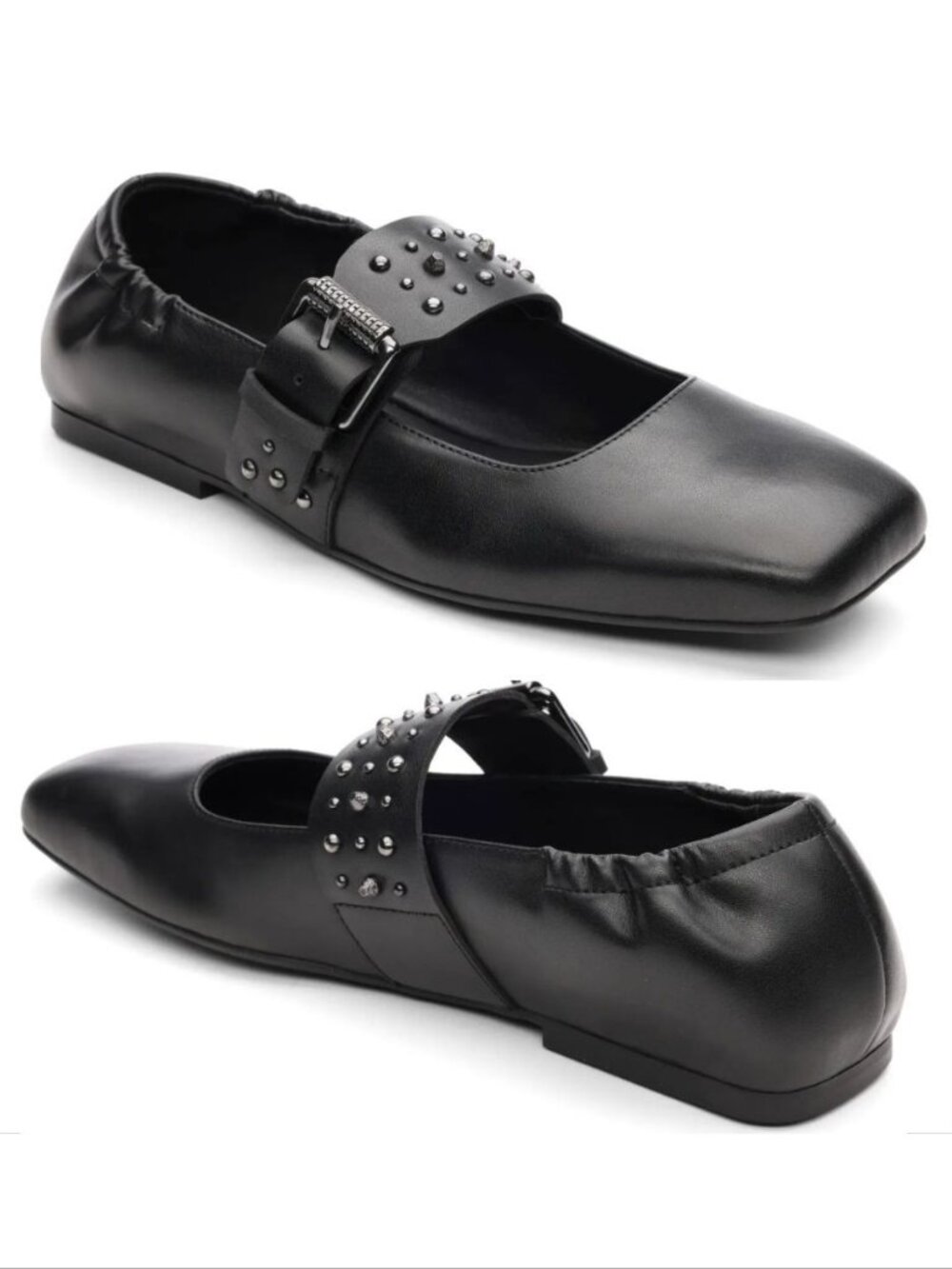 ASH Beverly Mary Jane Flats Size 6.5 7 EU 37 Black Leather Studs Square Toe NEW